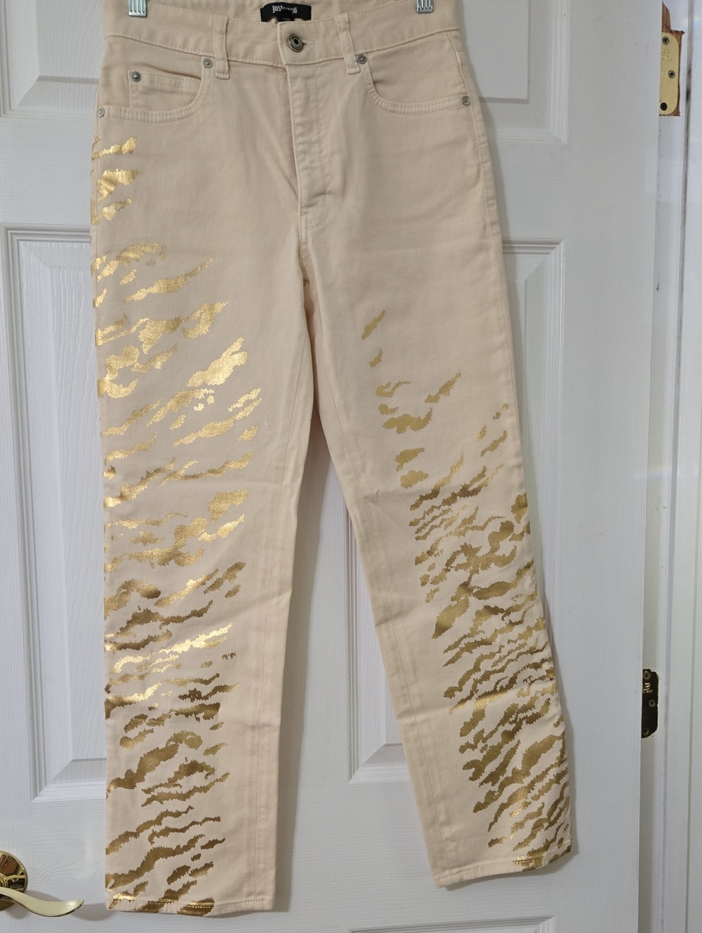 Just Cavalli Cream Straight-Leg Jeans with Gold Foil Pattern